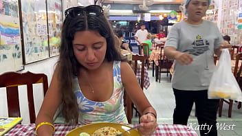 Play Katty eats lunch in an Asian cafe without panties and flashing pussy in public